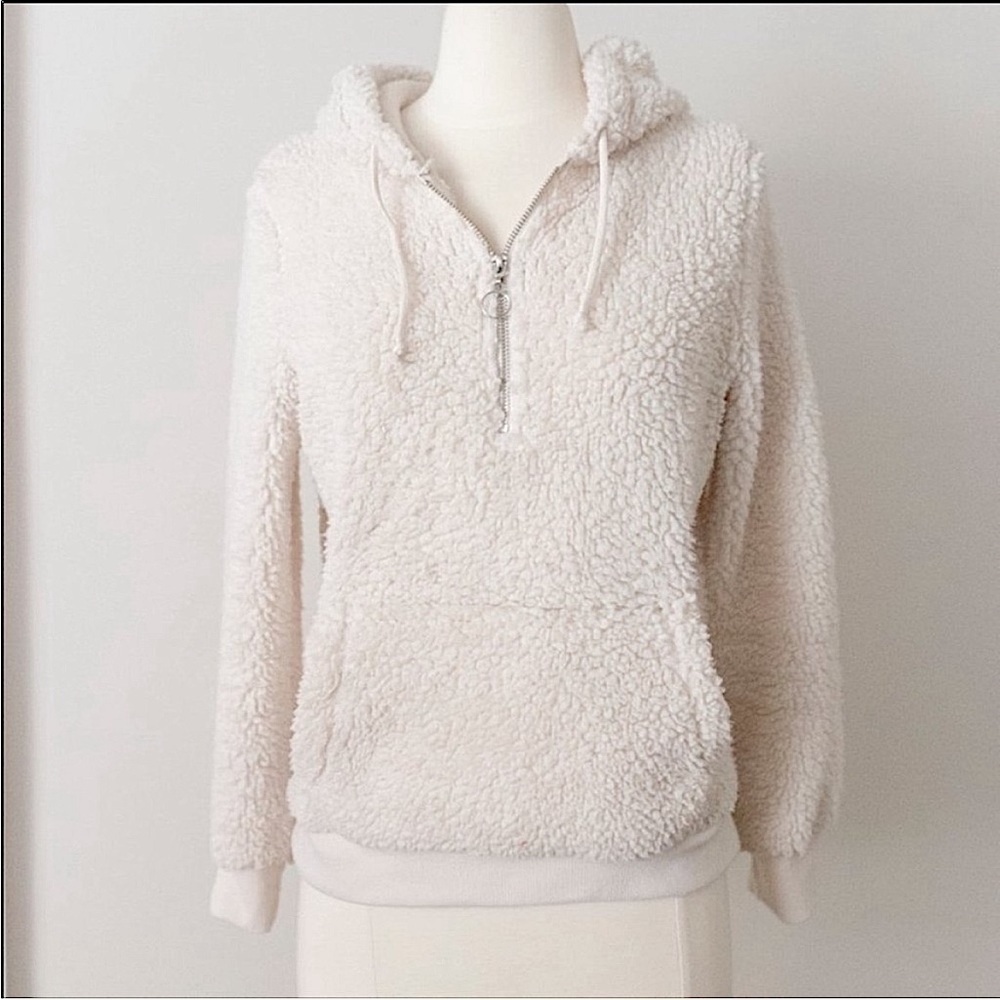 Cream Hooded Quarter Zip Fuzzy Sherpa Sweater Hoodie Size Medium